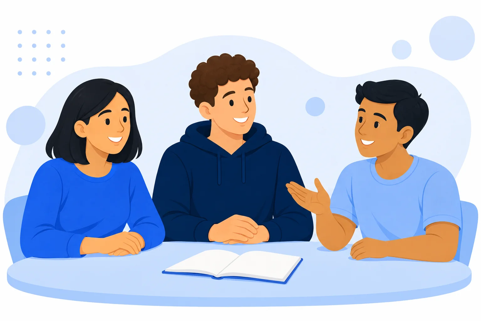 Illustration of three adult learners gathered around a table with an open notebook