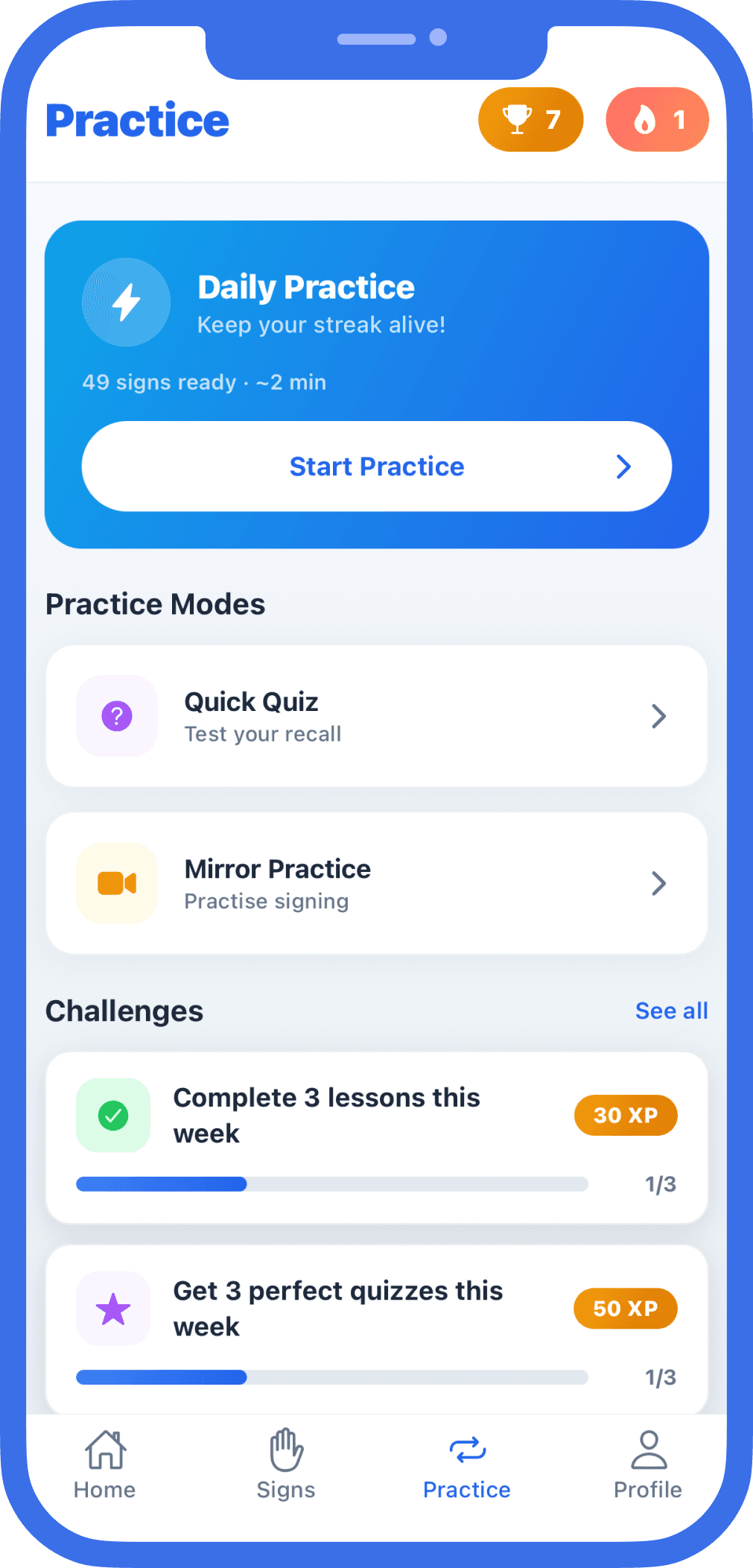 Auslearn practice dashboard showing daily practice, quick quizzes, mirror practice, and weekly challenges